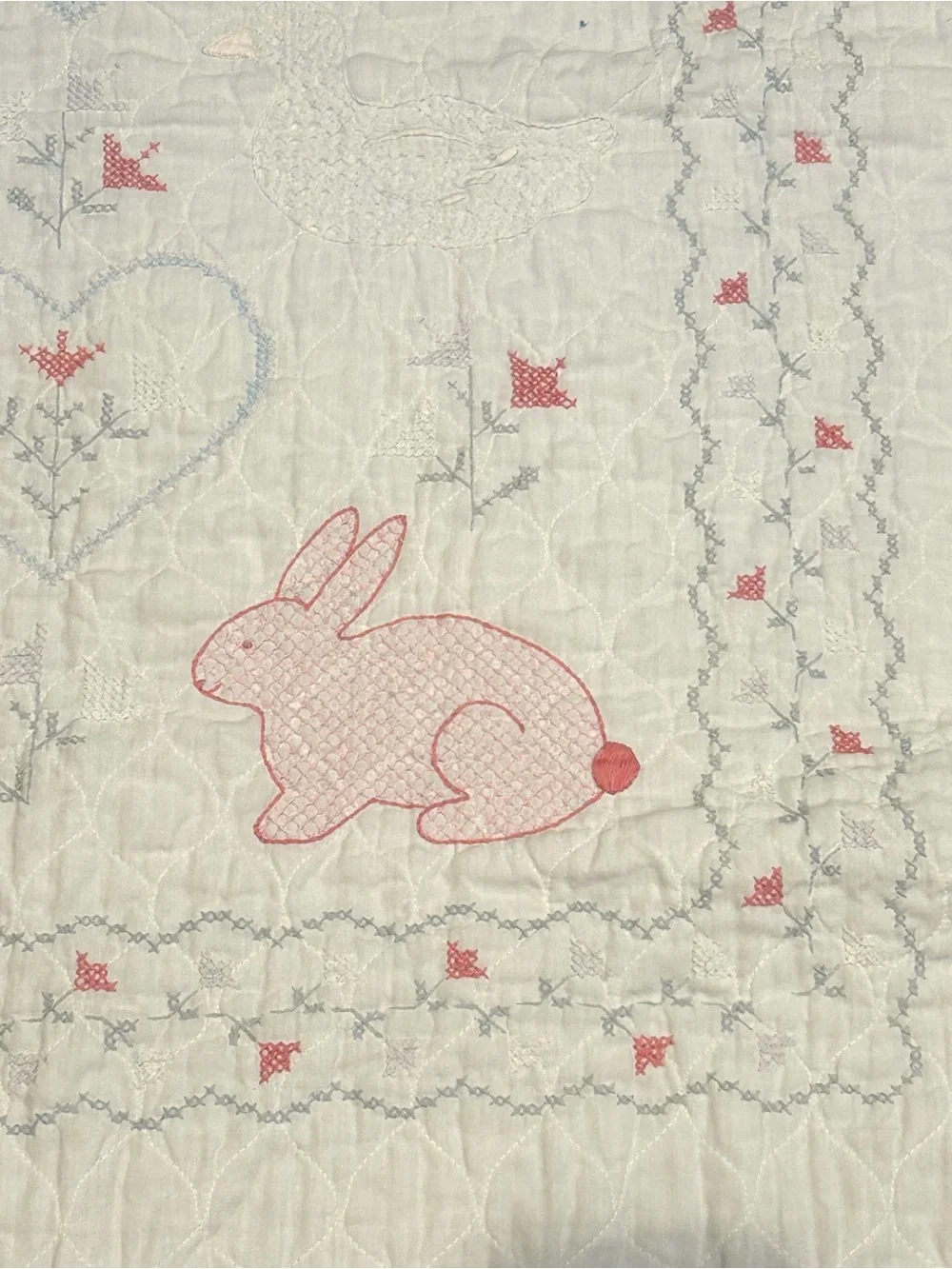 Vintage Hand Stitched  Baby Quilt with Ducks and Bunnies Finished Piece 32 X38